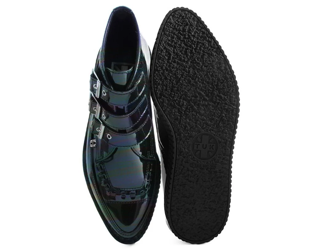 A9350 Womens Black Hologram Patent 3-Buckle Pointed Boot 5 A9350 Womens Black Hologram Patent 3-Buckle Pointed Boot