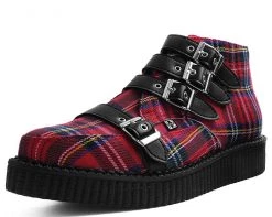 A9411 Vegan Red Plaid 4-Buckle Pointed Boot