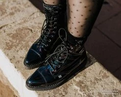A9502 Black Hologram Pointed Lace Up Boot Womens 18 A9502 Black Hologram Pointed Lace Up Boot Womens
