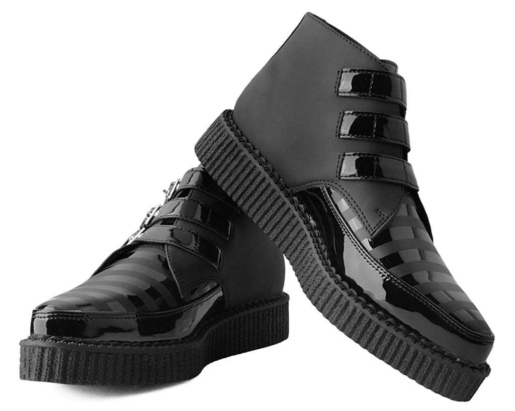 A9786 Black Matte & Patent Stripe Pointed 3-Buckle Boot Womens 3 A9786 Black Matte & Patent Stripe Pointed 3-Buckle Boot Womens
