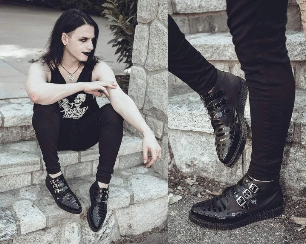 A9786 Black Matte & Patent Stripe Pointed 3-Buckle Boot Womens 6 A9786 Black Matte & Patent Stripe Pointed 3-Buckle Boot Womens