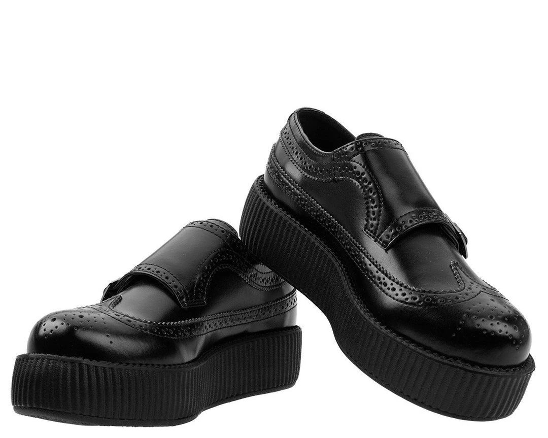V9115 Black 2-Buckle Strap Wingtip Creeper Womens 2 V9115 Black 2-Buckle Strap Wingtip Creeper Womens