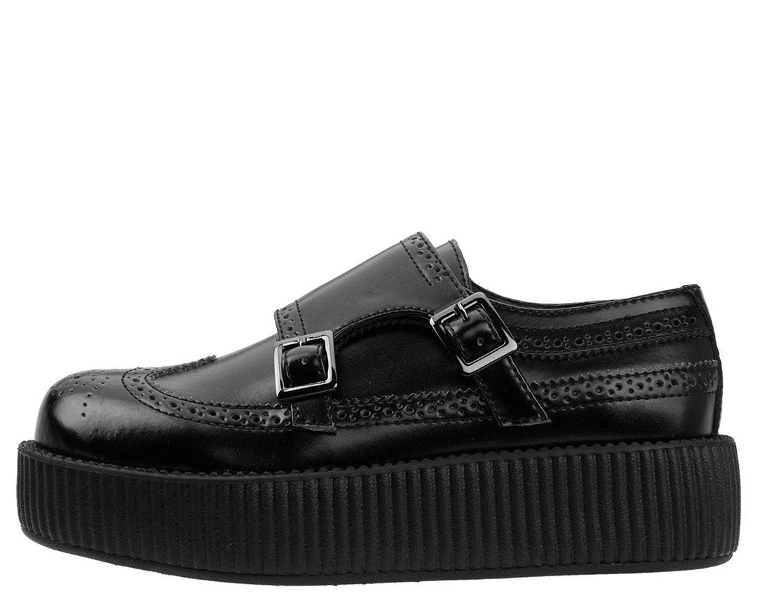V9115 Black 2-Buckle Strap Wingtip Creeper Womens 3 V9115 Black 2-Buckle Strap Wingtip Creeper Womens